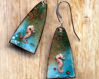 925 Fish Gold Stone Artisan Jewelry by Annaart72 Handmade Enamel Seahorse Earrings Sea Side Green Turquoise Blue Sterling Earring