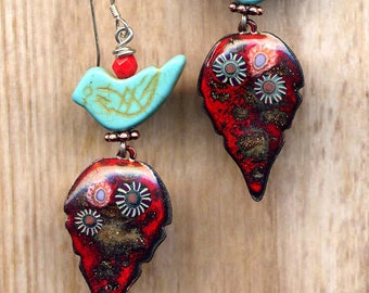 Red Turquoise Enamel Earrings, Unique Bird Earrings, 925 Silver Colorful Floral Enamel Sterling Earrings, New Handmade Line by AnnaArt72