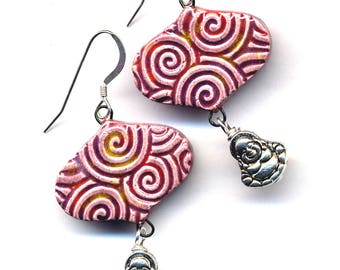 Buddha Sterling Silver Pink Fuchsia Porcelain Earrings, Handmade Clay Sterling Buddhist Earrings, Ceramic 925 Silver Earrings,  Annaart72