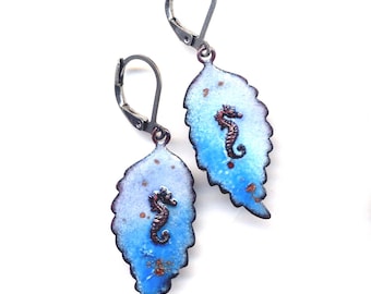 Handmade Enamel Seahorse Earrings, Sea Side Green Turquoise Blue Stainless Steel Earring, Surgical Lever Back Artisan Jewelry by Annaart72