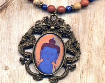 Huge Handmade Enamel Pendant Buddha Necklace, Buddha Gemstones Long Necklace, Tibet Buddha Necklace, Nepal Jewelry by AnnaArt72