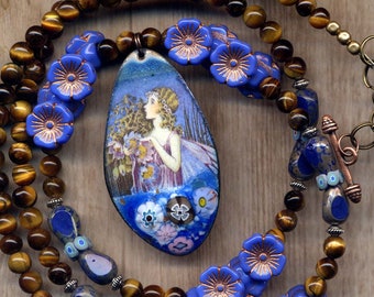 Enamel Flower Fairy Pendant Necklace, Blue Brown Tiger Eye Colorful Floral Romantic Necklace, Long Necklace