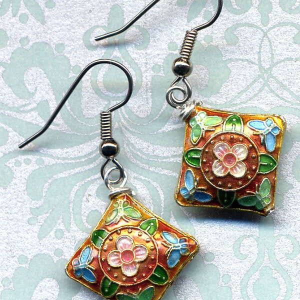 Floral Cloisonne Earrings, Cloisonne Earrings, Floral Earrings,Daisy Earrings, Butterflies Earrings, Jewelry by AnnaArt72