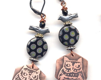 Owl Czech Glass Earrings, Long Bird Vintage Beads Earring, Sterling Silver or Stainless Steel Lever Back wire Artisan Jewelry Hoot Artisan