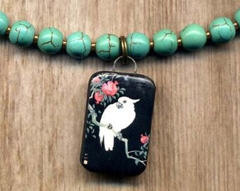 Porcelain Parrot Pendant Turquoise Magnesite Necklace. OOAK Necklace, Bird Necklace, Blue Necklace, Handmade Jewelry by AnnaArt72