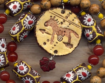 Long Horse Necklace,Terracotta Petroglyph Reversible Pendant Orange Carnelian African Recycled Ghana Krobo beads Totem Amulet