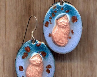 Cat Enamel Earrings, Teal Turquoise Cat Earrings, Sterling Silver Enamel Earrings, Fun Kitty Earrings, Raspberry Earrings by Annaart72