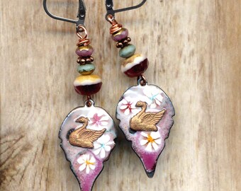 Swan Enamel Earrings, Bird Handmade Pink Blue Earrings, Stainless Steel Lever Back Totem Jewelry Floral Artisan