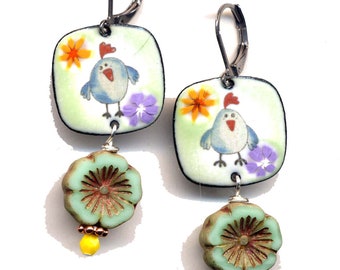 Chicken Enamel Earrings, Colorful Vitreous Earrings, Sterling Silver or Stainless Steel Lever Back wire Enamel Jewelry Fun Hoot Artisan