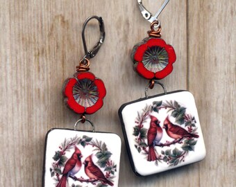 Handmade Ceramic Red Cardinal Earrings, Unique Bird Stainless Steel Lever Back Floral Handmade Jewelry Line by AnnaArt72