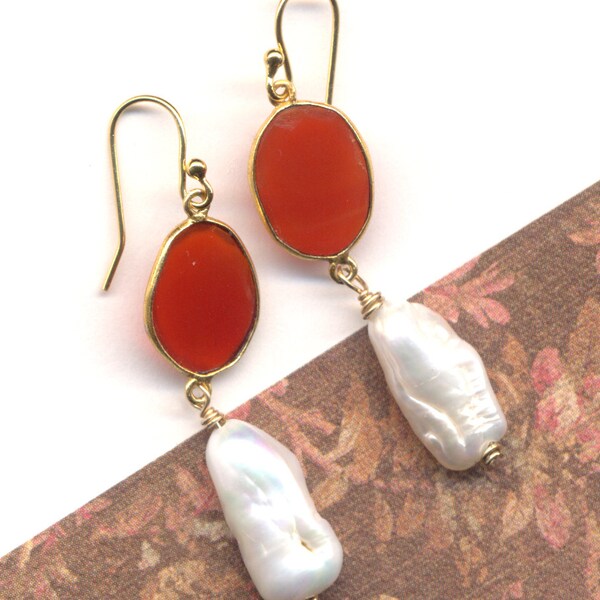 Orange Carnelian Rustic Cut Earrings 18 K Gold Filled ear wire, Natural Pearl Earrings, Carnelian, Pearl and Gold Jewelry by Annaart72