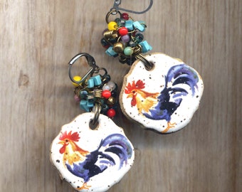 Rooster Bird Hen Bird Earrings, Colorful Turquoise Stainless Steel Earrings, Terracotta Earrings, Totem Amulet Ceramic Earrings by Annaart72