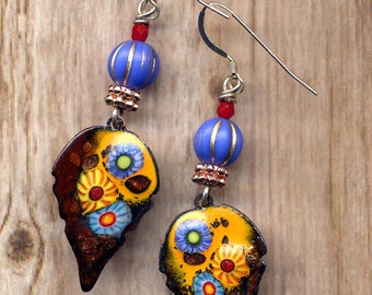 Handmade Enamel Leaf Earrings, Leaves Blue Orange Sterling Silver Enamel Earrings, Royal Fall Foliage, Cooper Boho Jewelry by Annaart72