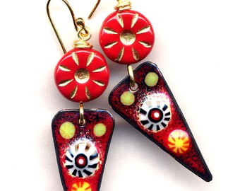 Red And Gold Enamel Earrings, 18 K Gold Filled Earrings, Triangular Earrings, Geometrical Floral earrings, One of a kind Enamel Jewelry