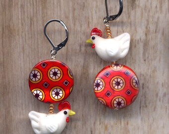 Porcelain Hen Rooster Earrings, Red White Hand made Lever Back Stainless Surgical Steel Bird annaart72  Artisan Jewelry Hen Rooster Chicken