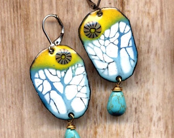 Enamel Sun over Tree of Life Earring Turquoise Magnesite Sterling Silver/ Stainless Steel Lever Back wire Pagan Artisan Jewelry by annaart72