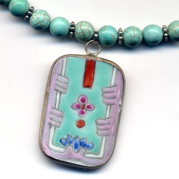 Porcelain Floral Necklace, Teal Porcelain Necklace, OOAK Turquoise Magnesite  Necklace with the Antique pottery pendant with Floral  motive