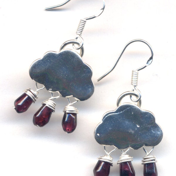 Silver Cloud Earrings, Deep Red  Rain Earrings, Garnet Earrings, Winter Earrings, Garnet  Sterling Winter Snow Cloud Earrings - by AnnaArt72