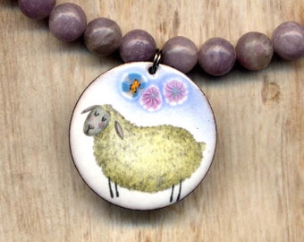 Enamel Sheep Pendant Necklace, Farm Land Colorful Floral Natural Lilac Stone Totem Amulet Long Gold Lilac Necklace Jewelry by annaart72