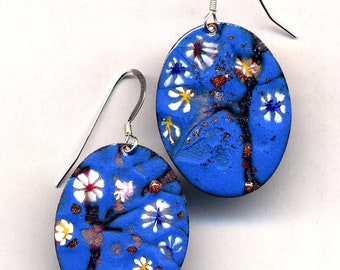 Enamel Sterling Tree of Life Earrings, Blue Red Handmade Enamel Artisan Sterling Silver Jewelry by annaart72