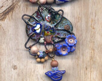 Enamel Flower Super Long Blue Bird Pendant Necklace,  Colorful Floral Romantic Necklace, Long Necklace