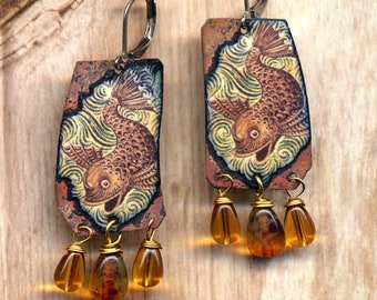 Tropical Fish Enamel Earrings, Colorful Vitreous Earrings, Sterling Silver or Stainless Steel Lever Back wire Enamel Artisan Jewelry