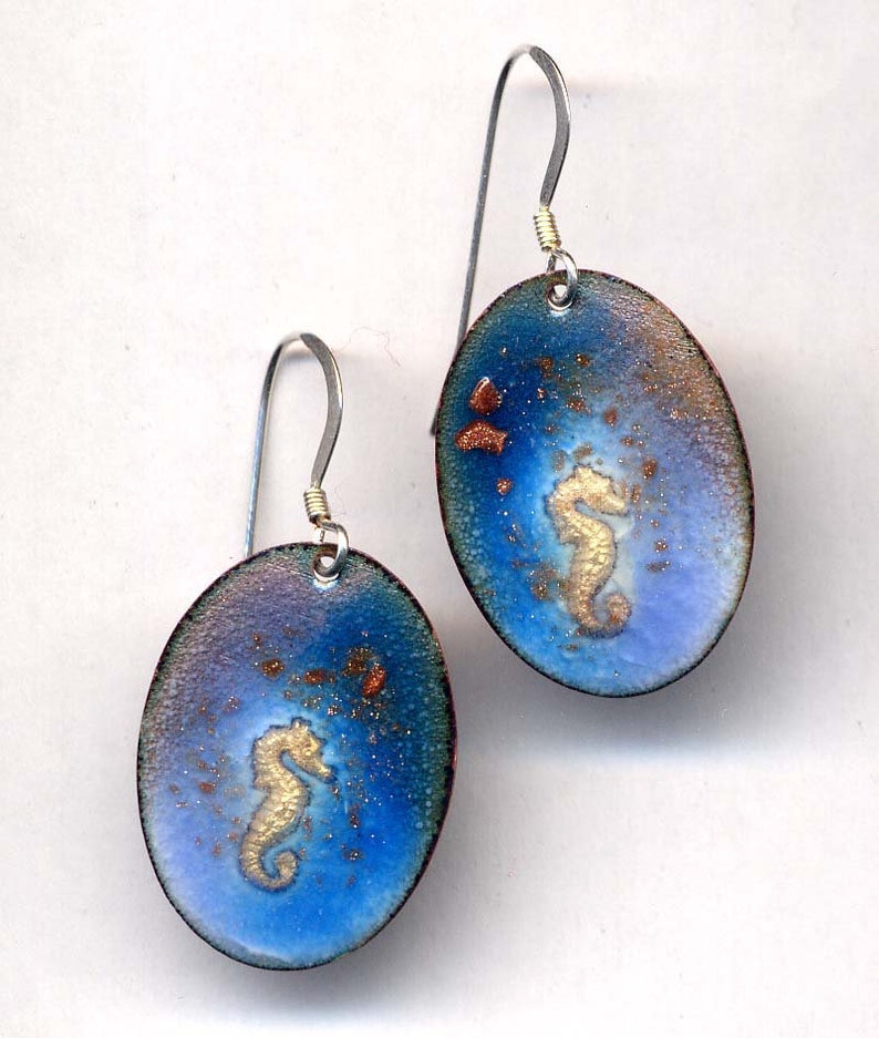 925 Fish Gold Stone Artisan Jewelry by Annaart72 Handmade Enamel Seahorse Earrings Sea Side Green Turquoise Blue Sterling Earring