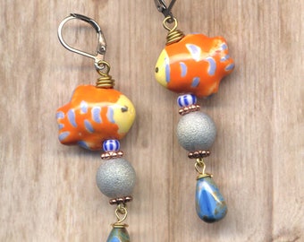 Tropical Fish Earrings, Orange Blue Handmade Artisan Long Fun Porcelain Earrings, Stainless Steel Ceramic Totem Jewelry Artisan by Annaart72