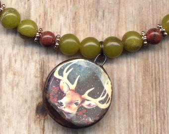 Long Ceramic Deer Necklace Green Jade Jasper Deer Necklace, Raw Woodland Jewelry by AnnaArt72