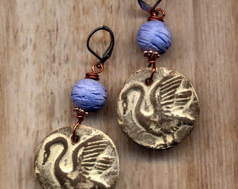 Swan Earrings, Bird Handmade Brown Blue Surgical Lever Back Earrings, Stainless Steel Porcelain Totem Jewelry Floral Artisan