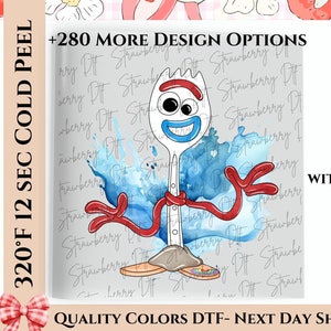 May include: A DTF transfer sheet featuring a cartoon character made from a white plastic spork with googly eyes, a blue mouth, and red pipe cleaner arms. The character stands on a gray base with tan feet against a gray background with text.