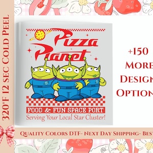 May include: A white square featuring the Pizza Planet logo with three green aliens in blue jumpsuits. The logo includes the words "Pizza Planet" in red, with a yellow planet and stars. Text reads "FOOD & FUN SPACE PORT".