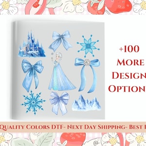 May include: A canvas print featuring watercolor illustrations of a blue castle, bows, snowflakes, and a princess in a blue gown. Text on the print reads "+100 MORE DESIGN OPTIONS". The print also has the text "320°F 12 SEC COLD PEEL".