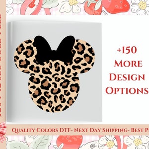 May include: A digital design file for a leopard print Minnie Mouse head with a black bow. The design is perfect for creating iron-on transfers for apparel, accessories, and home decor.  The text "320°F 12 SEC COLD PEEL" is on the left side of the image. The text "+150 MORE DESIGN OPTIONS" is on the right side of the image.