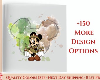 May include: A watercolor illustration of Mickey Mouse ears with a cartoon image of Minnie Mouse wearing a safari outfit and holding a map. The background is a light gray with watercolor splatters. The text +150 MORE DESIGN OPTIONS is in red.