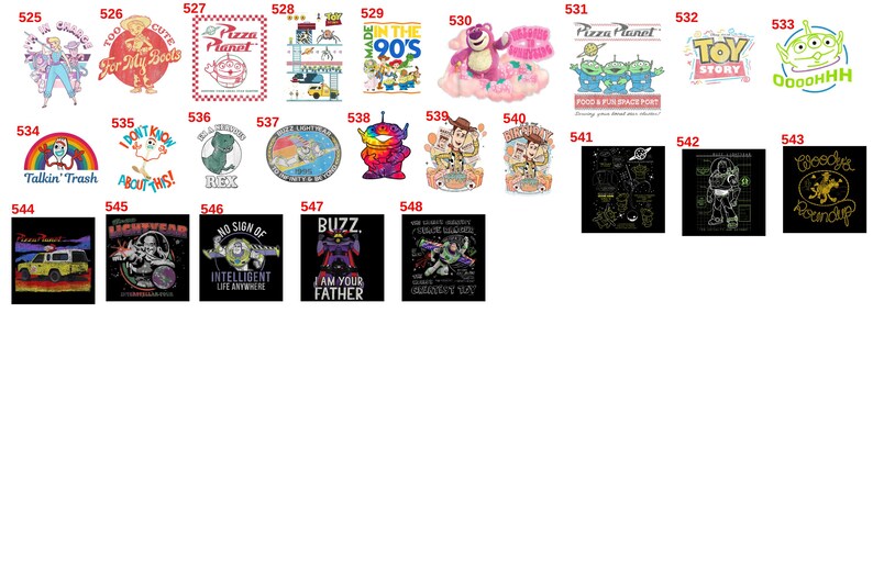 Puede incluir: Colecci&oacute;n de dise&ntilde;os gr&aacute;ficos con personajes y logotipos de la pel&iacute;cula animada Toy Story. Los dise&ntilde;os incluyen el logotipo de Pizza Planet, Buzz Lightyear y otros personajes. Los dise&ntilde;os est&aacute;n sobre un fondo negro.