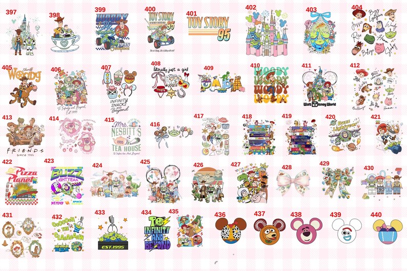 Puede incluir: Una colecci&oacute;n de dise&ntilde;os gr&aacute;ficos coloridos con personajes y temas de la pel&iacute;cula de animaci&oacute;n "Toy Story" y otras propiedades de Disney. Los dise&ntilde;os incluyen a Woody, Buzz Lightyear y otros personajes, con elementos de texto.