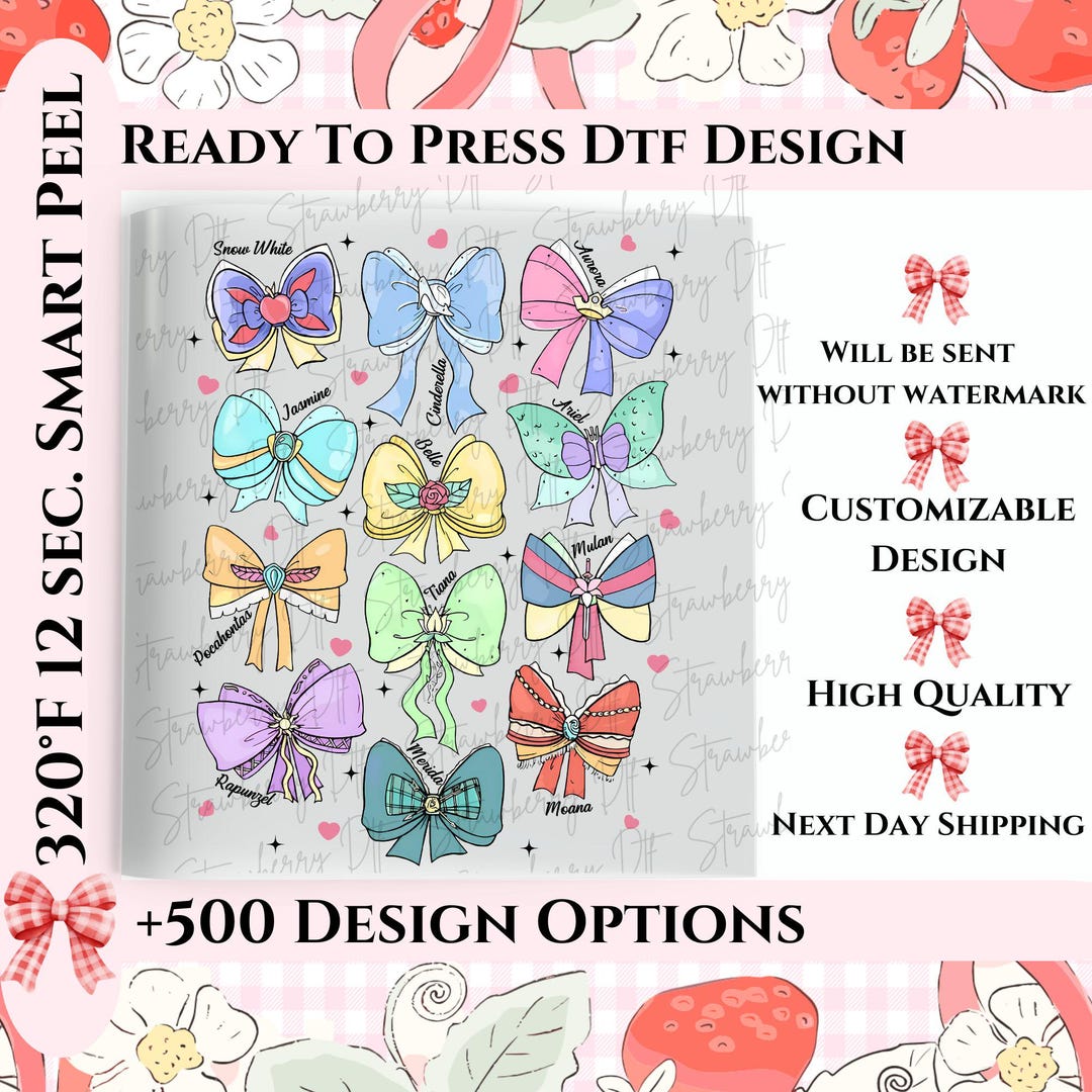 Disney Princess Cute Ribbons and Bows Heat Press Transfer, Disney DTF ...