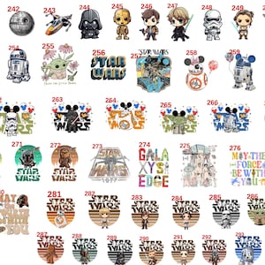 May include: A collection of Star Wars themed graphic stickers numbered 240 through 295, featuring various characters like Chewbacca, Darth Vader, Yoda, and R2-D2 in chibi style, alongside iconic logos, ships, and text phrases like May The Force Be With You.