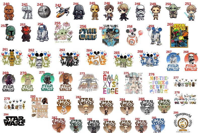 May include: A collection of Star Wars themed graphic stickers numbered 240 through 295, featuring various characters like Chewbacca, Darth Vader, Yoda, and R2-D2 in chibi style, alongside iconic logos, ships, and text phrases like May The Force Be With You.