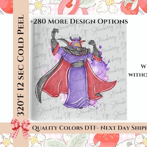 Puede incluir: Un dise&ntilde;o impreso digitalmente con un personaje de dibujos animados morado, negro y rojo con el texto "+280 MORE DESIGN OPTIONS". El dise&ntilde;o incluye el texto "320&deg;F 12 SEC COLD PEEL" y "QUALITY COLORS DTF- NEXT DAY SHIP".