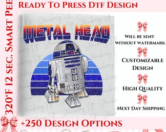 Metal Head R2-D2 DTF Transfer, Retro R2 D2 Star Wars Ready To Press, Disney Star Wars Full Color DTF Print, Star Wars Heat Press Dtf.