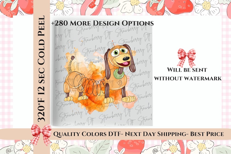 Puede incluir: Imagen de dibujos animados de Slinky Dog de Toy Story, con un cuerpo de resorte y colores marr&oacute;n y amarillo. El fondo tiene un efecto de acuarela con el texto "+280 MORE DESIGN OPTIONS" y "WILL BE SENT WITHOUT WATERMARK".