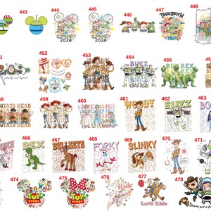 May include: A collection of colorful graphic designs featuring Toy Story characters including Woody, Buzz Lightyear, Jessie, Rex, Slinky Dog, and Bo Peep, arranged in a grid with individual identification numbers from 441 to 478 for each illustration.