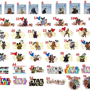 May include: A collection of 57 numbered graphic designs featuring Star Wars characters, including Yoda, Darth Vader, Chewbacca, and Stormtroopers, combined with Mickey Mouse ears, balloons, and the Star Wars logo in various colors and styles.