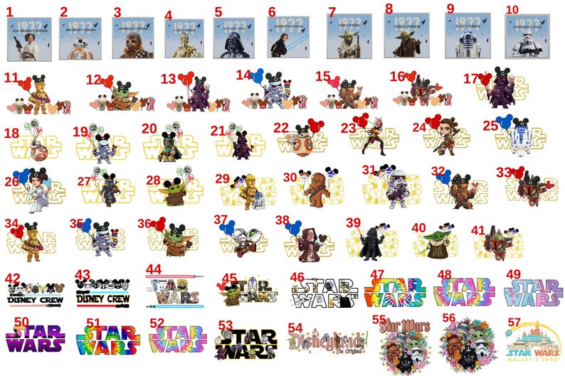 May include: A collection of 57 numbered graphic designs featuring Star Wars characters, including Yoda, Darth Vader, Chewbacca, and Stormtroopers, combined with Mickey Mouse ears, balloons, and the Star Wars logo in various colors and styles.