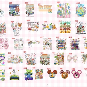 May include: A collection of forty-four colorful graphic designs featuring Toy Story characters, including Woody, Buzz Lightyear, and Jessie. Each design is numbered from 397 to 440 and displays various scenes, logos, and icons related to the film franchise.