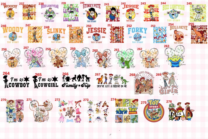 May include: A collection of colorful graphic designs featuring Toy Story characters like Woody, Buzz Lightyear, Jessie, and others, labeled with numbers 236 through 276. The prints include various text styles, character illustrations, and motifs.