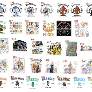 May include: A collection of Star Wars and Disney themed graphic designs featuring characters like Darth Vader, Chewbacca, Yoda, and C-3PO, alongside castle illustrations and text elements such as Disneyland, Disneyworld, and May the Force be with you.