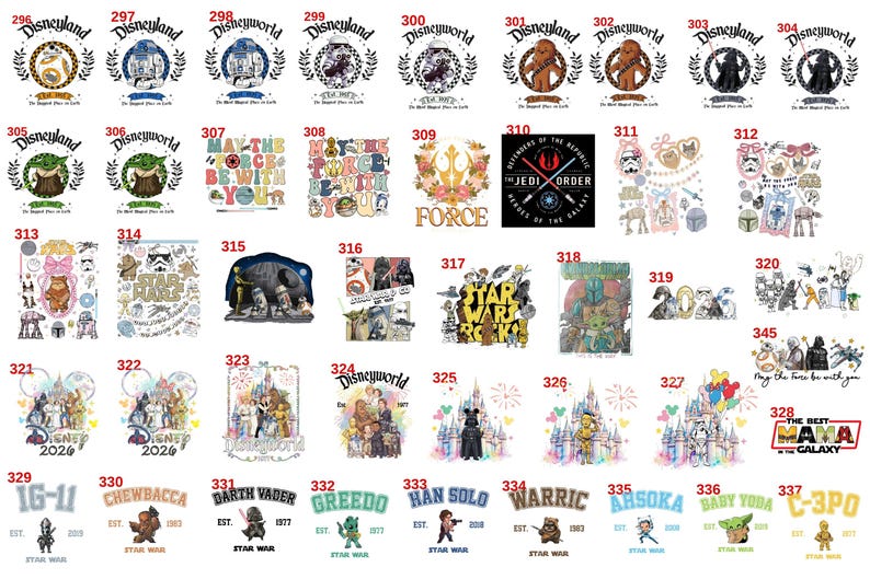May include: A collection of Star Wars and Disney themed graphic designs featuring characters like Darth Vader, Chewbacca, Yoda, and C-3PO, alongside castle illustrations and text elements such as Disneyland, Disneyworld, and May the Force be with you.